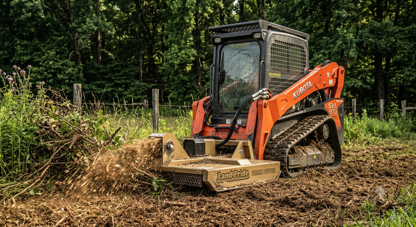 Tracked machine working on rough ground at the edge of woods