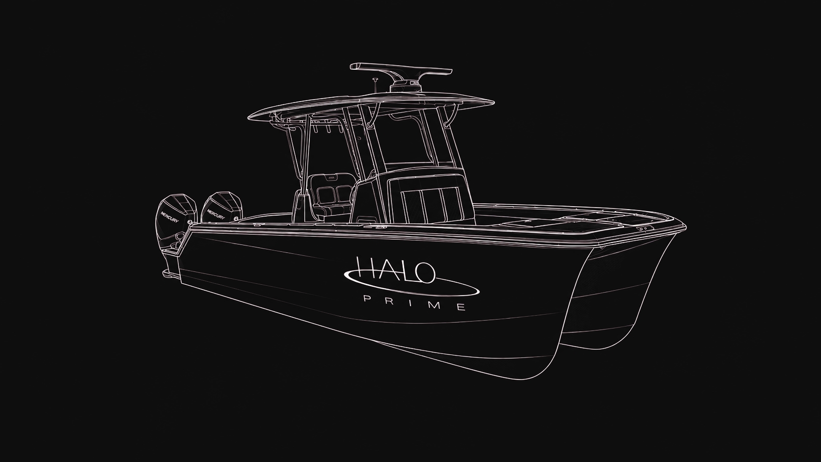 Preliminary Halo 32 power catamaran technical rendering.