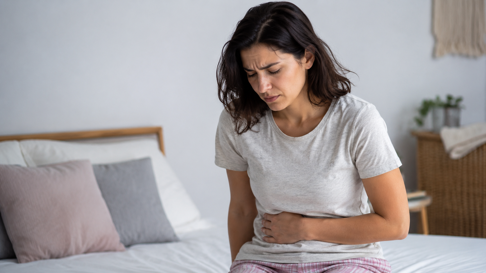Woman experiencing abdominal discomfort