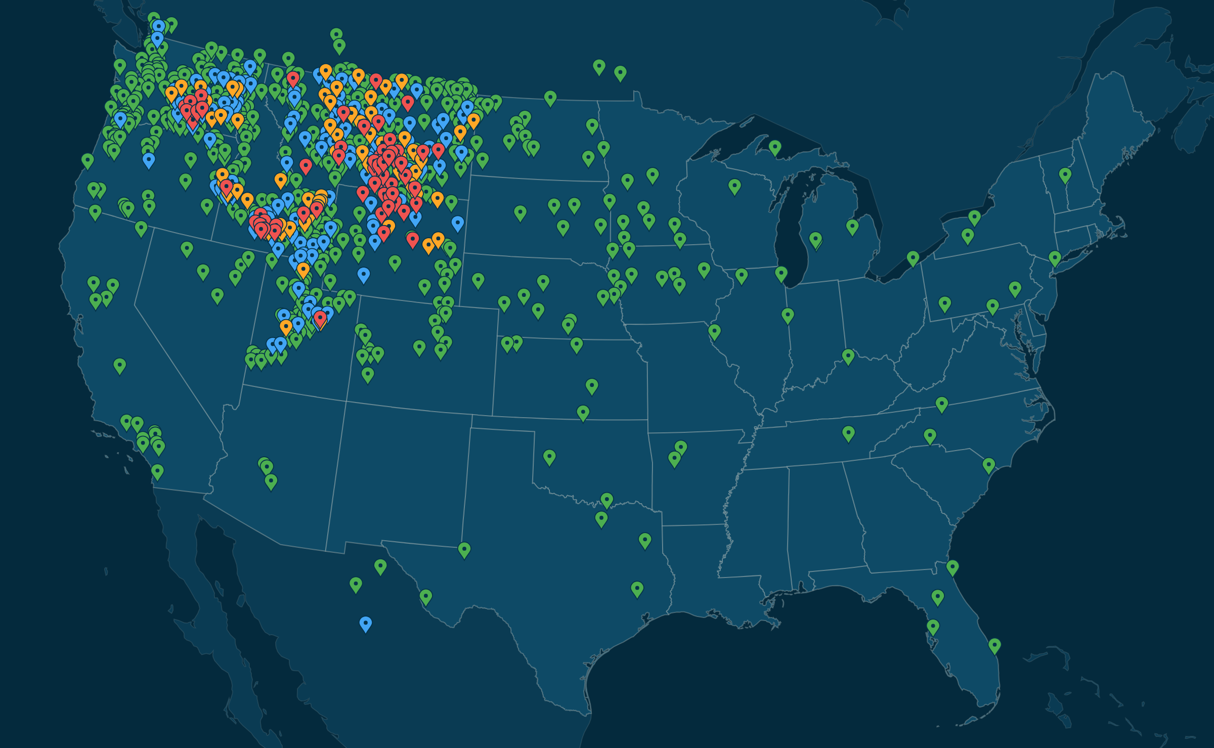Map of registered bidder towns across the United States, Canada and Mexico for the 2026 NW Regional Equipment Auctions