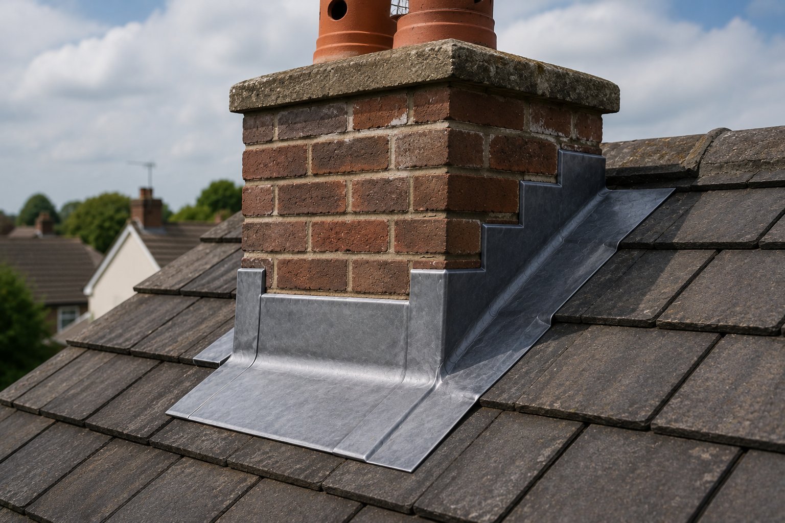 Brick chimney on a residential roof