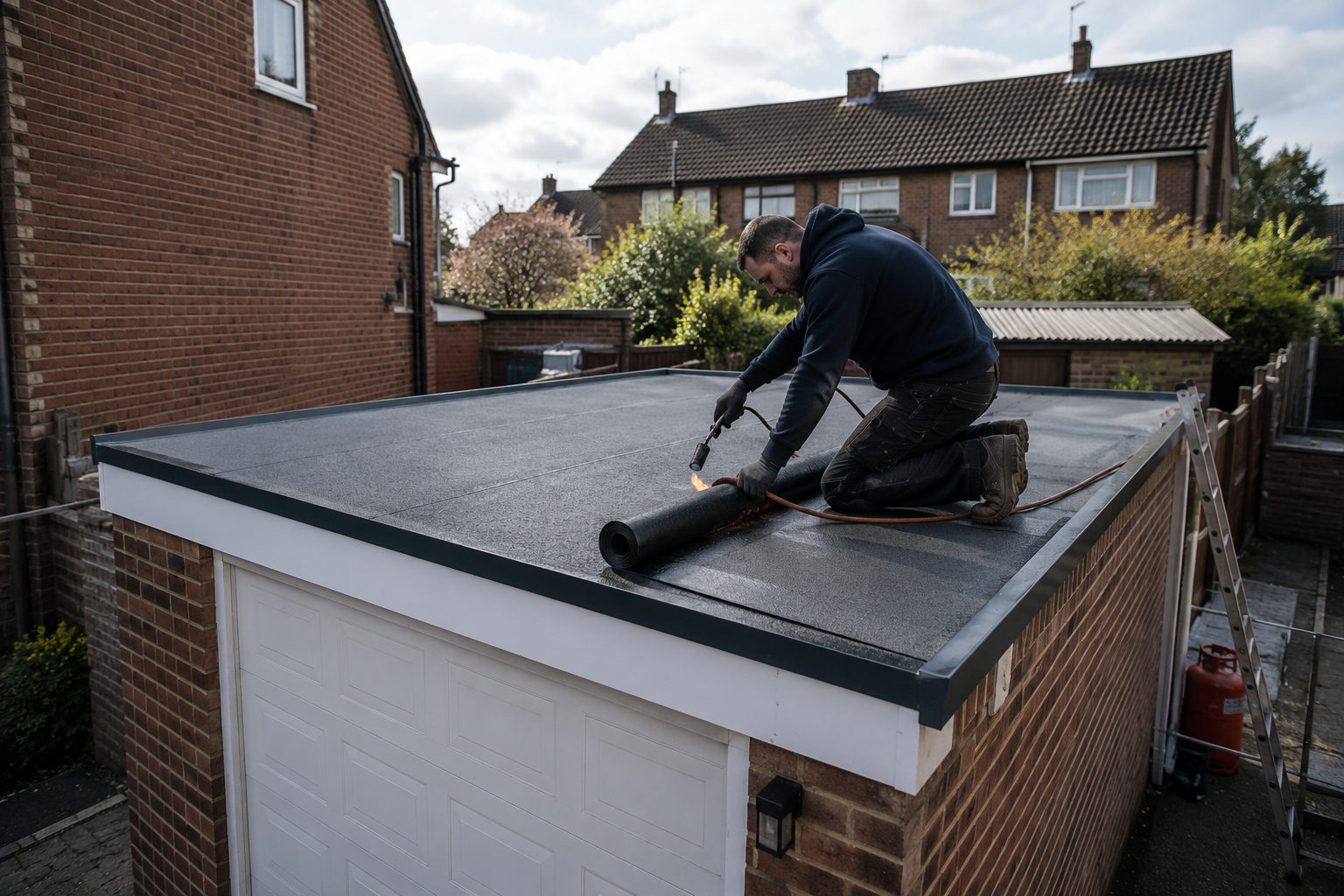 Roofer working on a garage roof
