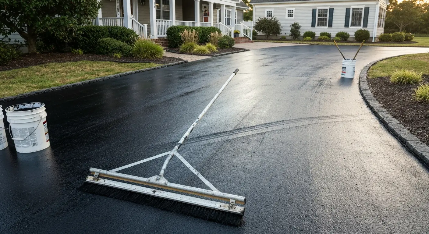 Seal coating application on residential driveway