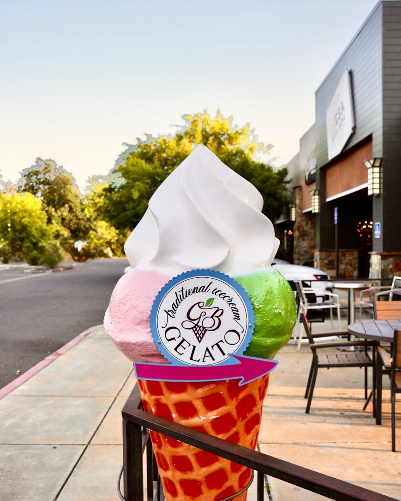 Giant cone sign outside GB Gelato at the Milagro Centre
