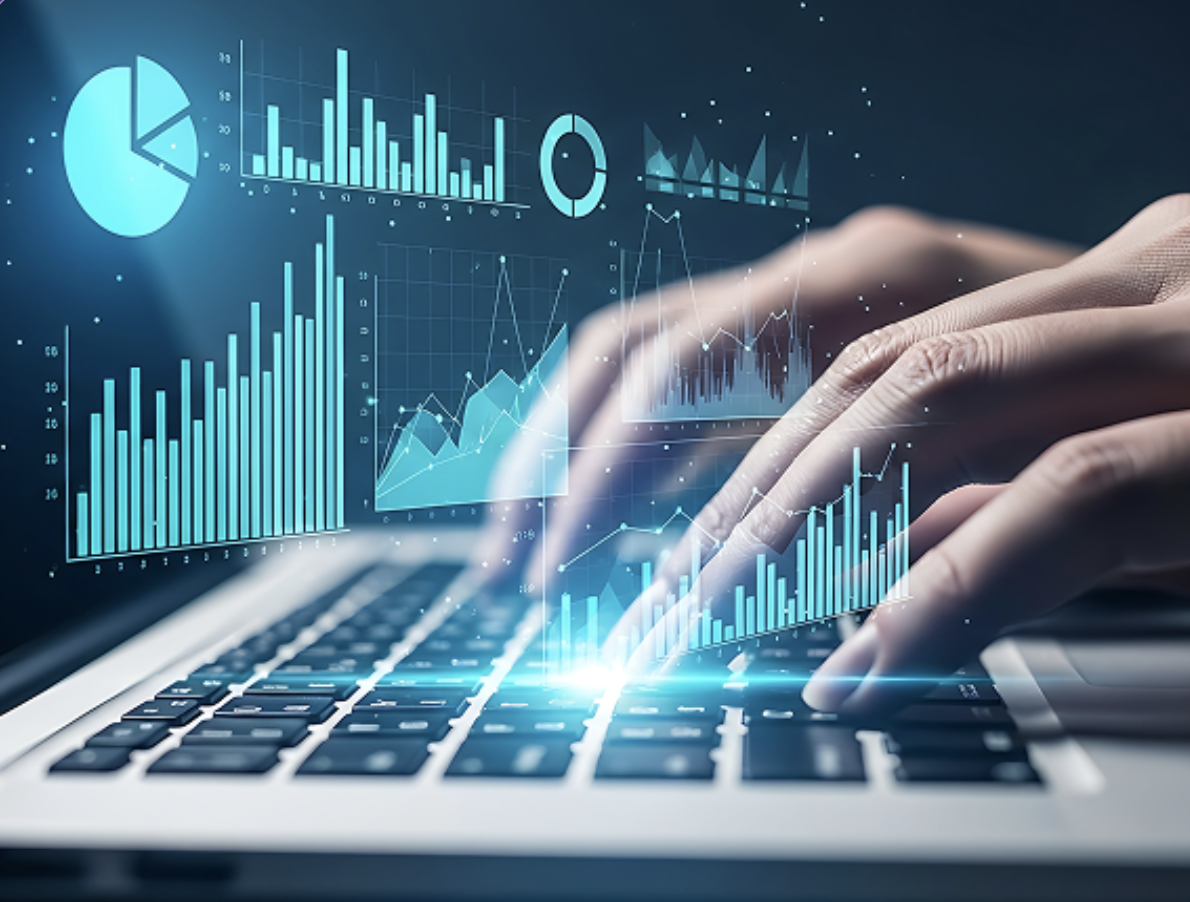 Data analytics, hands on a laptop with glowing charts