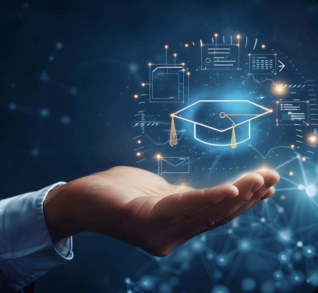 Certification, a glowing graduation cap held in an open hand