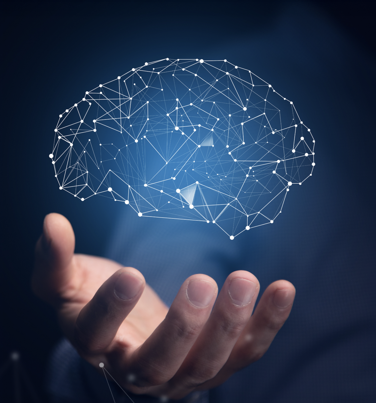 Neural intelligence, a glowing brain held in an open hand