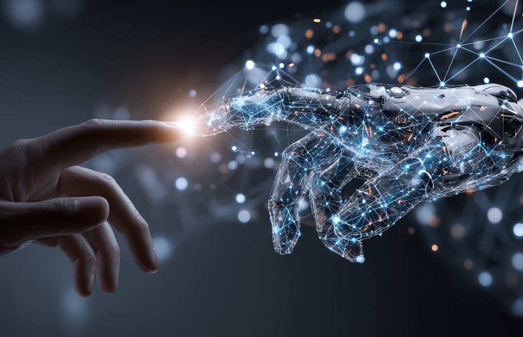Human and AI hands touching, representing the meeting of science and humanity