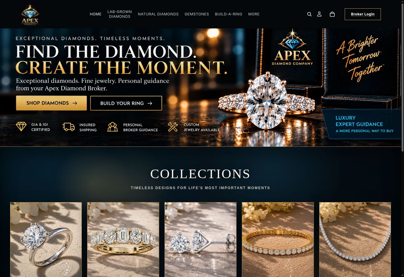 Screenshot of the Apex Diamond Broker Catalog website