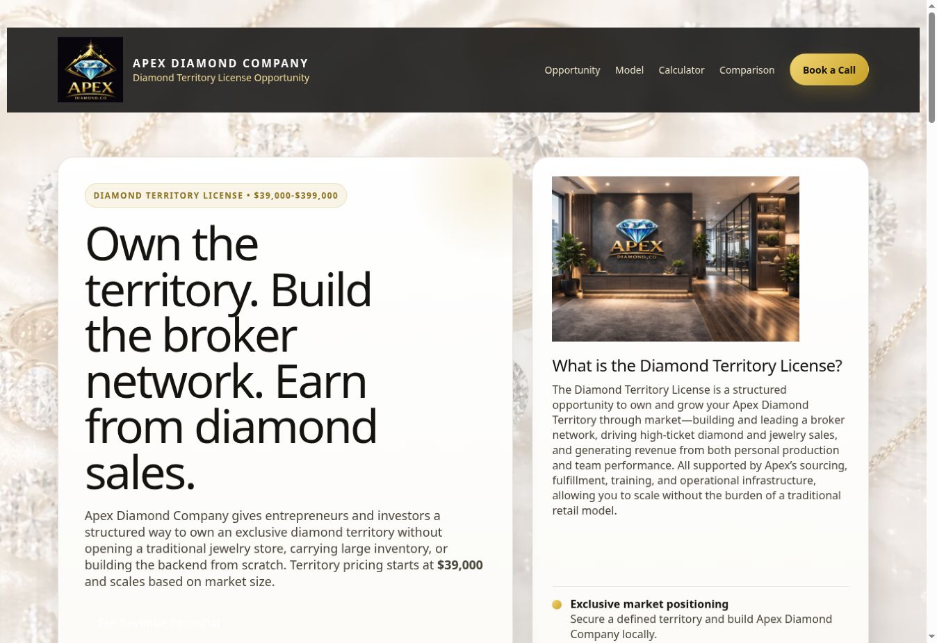 Screenshot of the Apex Diamond Licensing website
