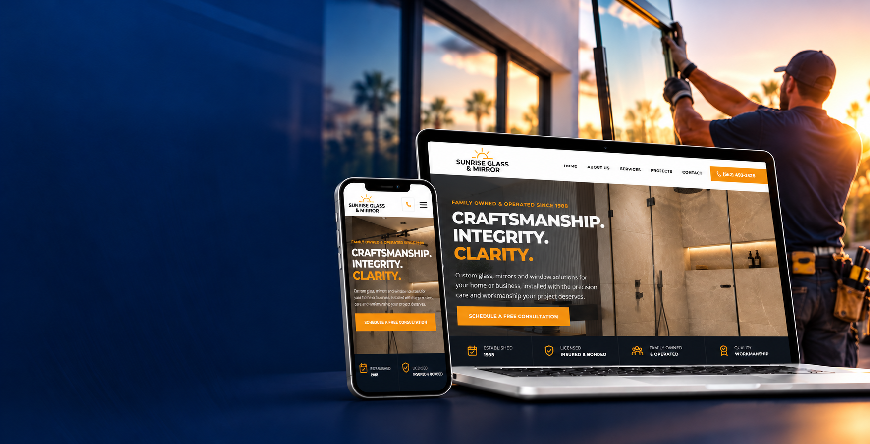 Sunrise Glass & Mirror website displayed on a laptop and phone beside a glass installer