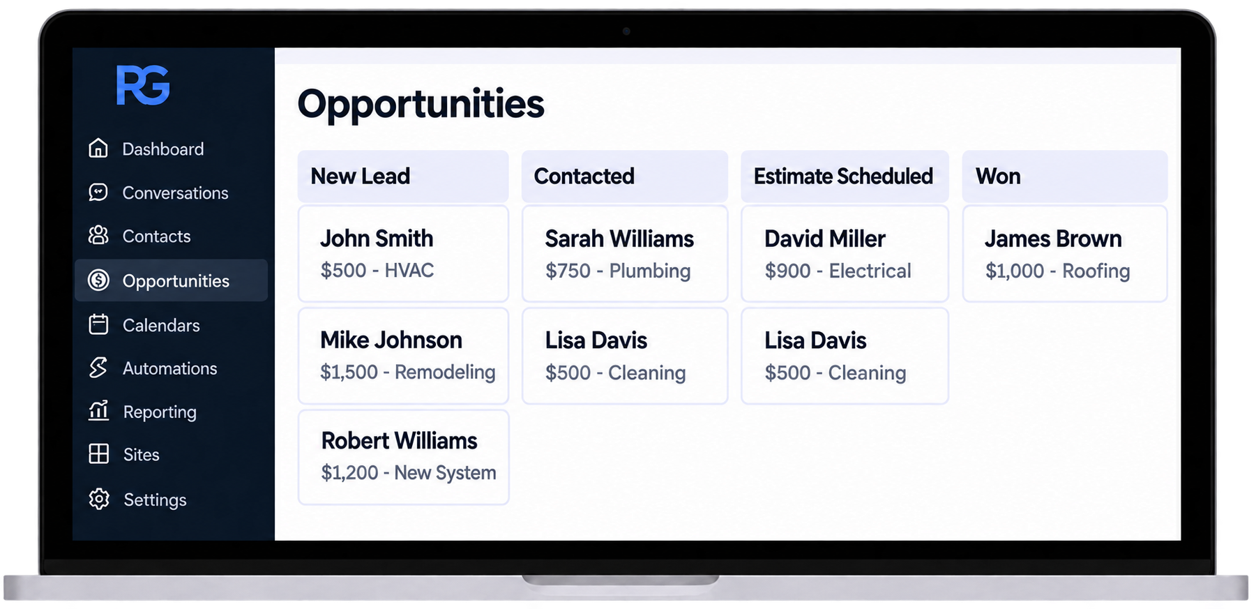 Relationship Generation CRM opportunities pipeline displayed on a laptop, with New Lead, Contacted, Estimate Scheduled, and Won stages