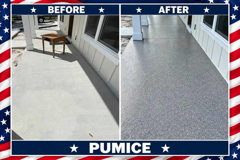 A before-and-after comparison shows a plain concrete porch transformed with a shiny, dark grey Pumice flake epoxy coating.