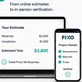 Digital tools: a laptop displays a home project estimate with costs, beside a smartphone running the FIXO app for verification.