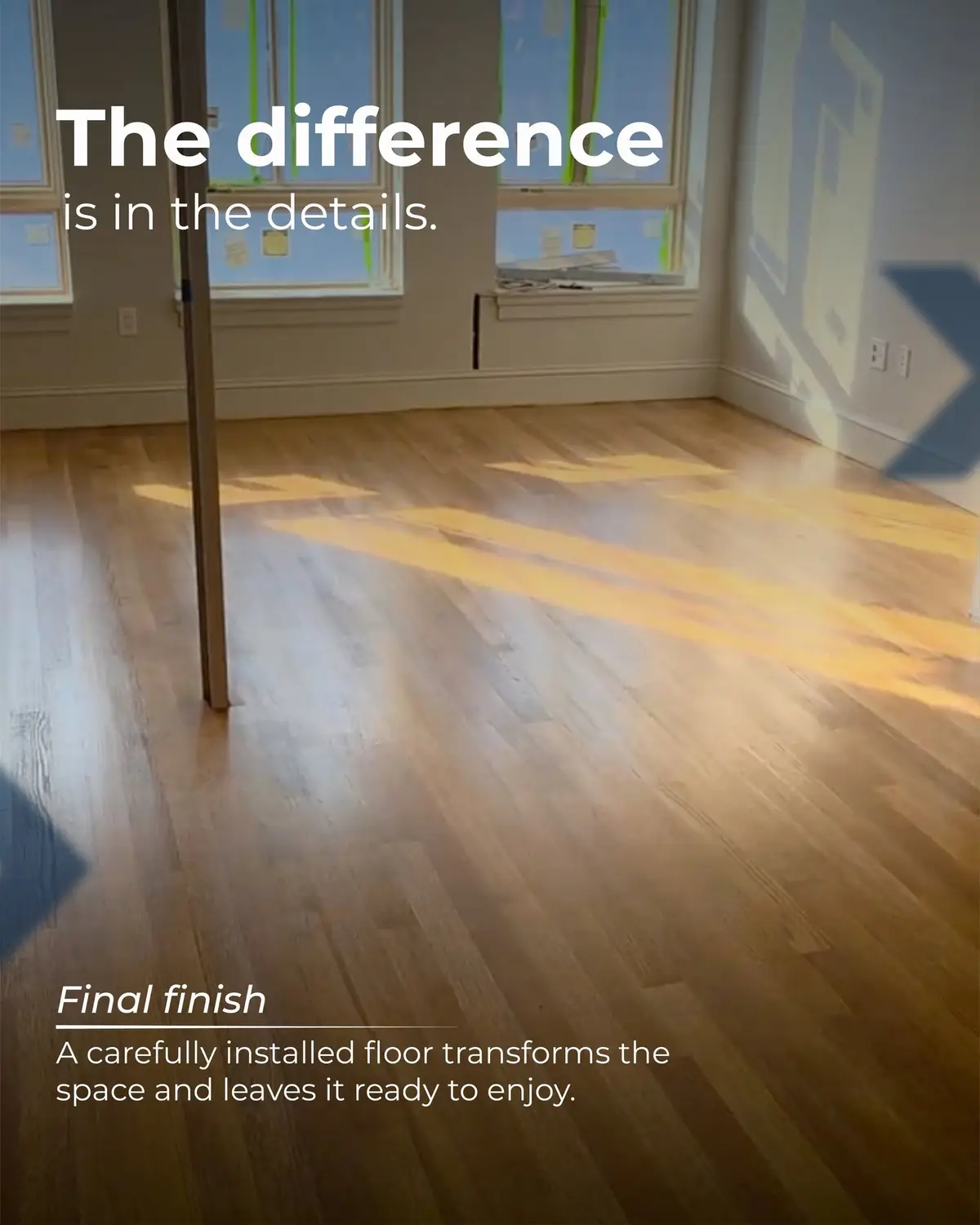 An empty room showcases a gleaming, newly installed hardwood floor bathed in sunlight, ready for enjoyment.