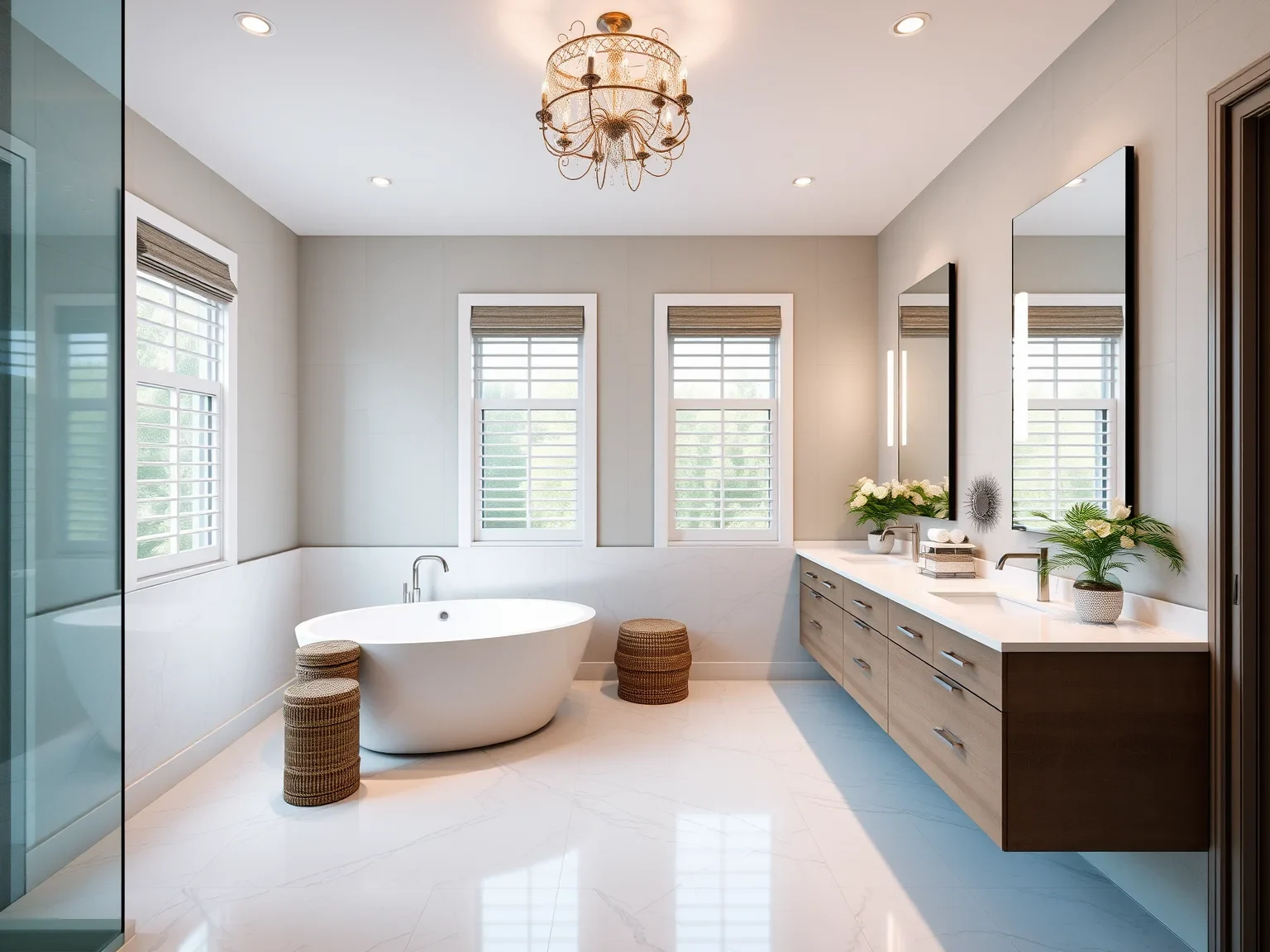Modern Fort Worth bathroom with marble countertops, chrome fixtures, glass shower, hardwood floors, and tasteful decor