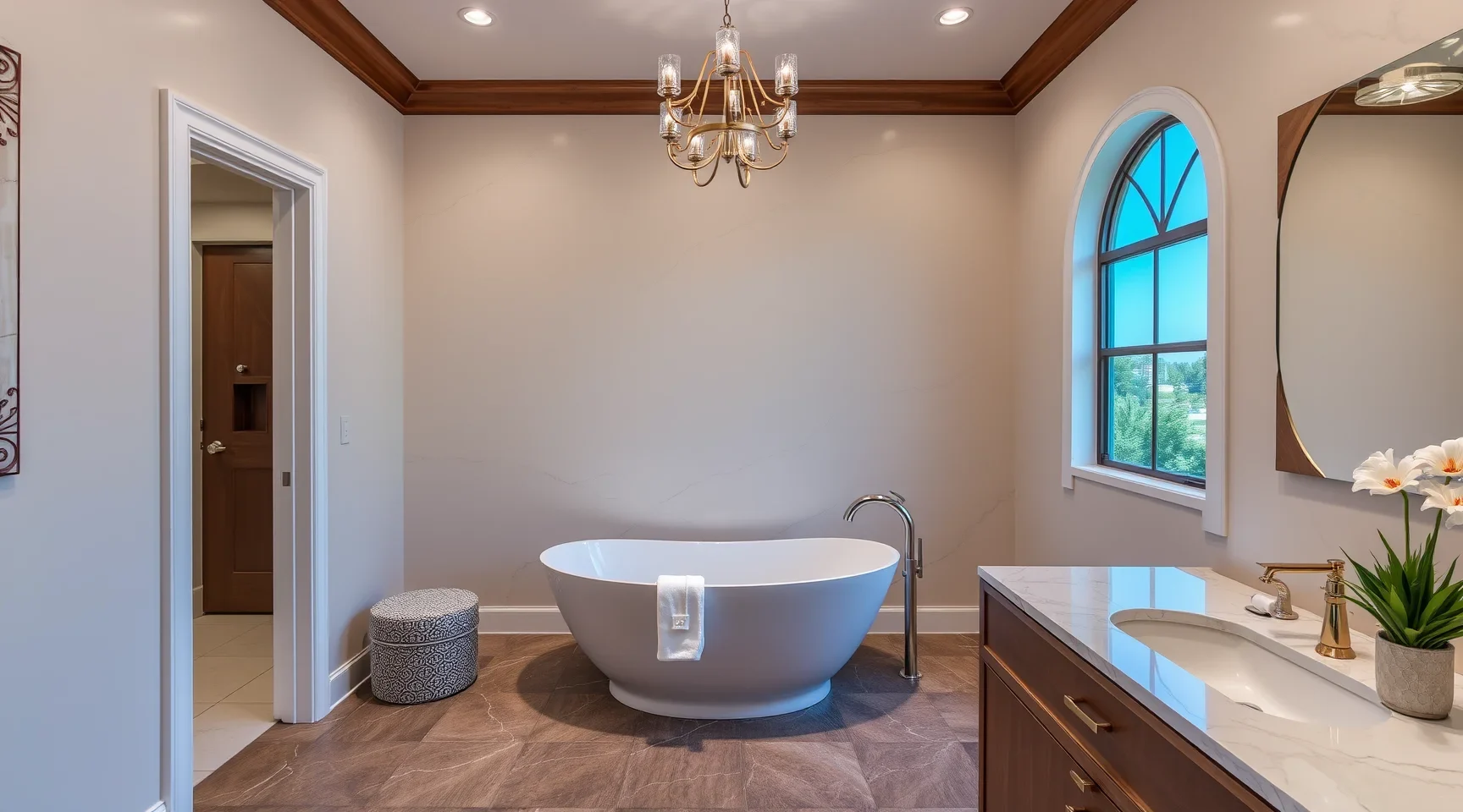 Recently remodeled Riviera Beach Florida bathroom featuring marble floors gold fixtures walk-in shower soaking tub modern vanity natural light greenery