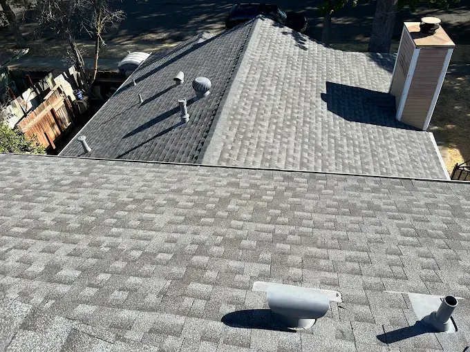Seamless ridge vent installation on a dark asphalt roof in a peaceful suburban neighborhood with lush lawns and mature trees