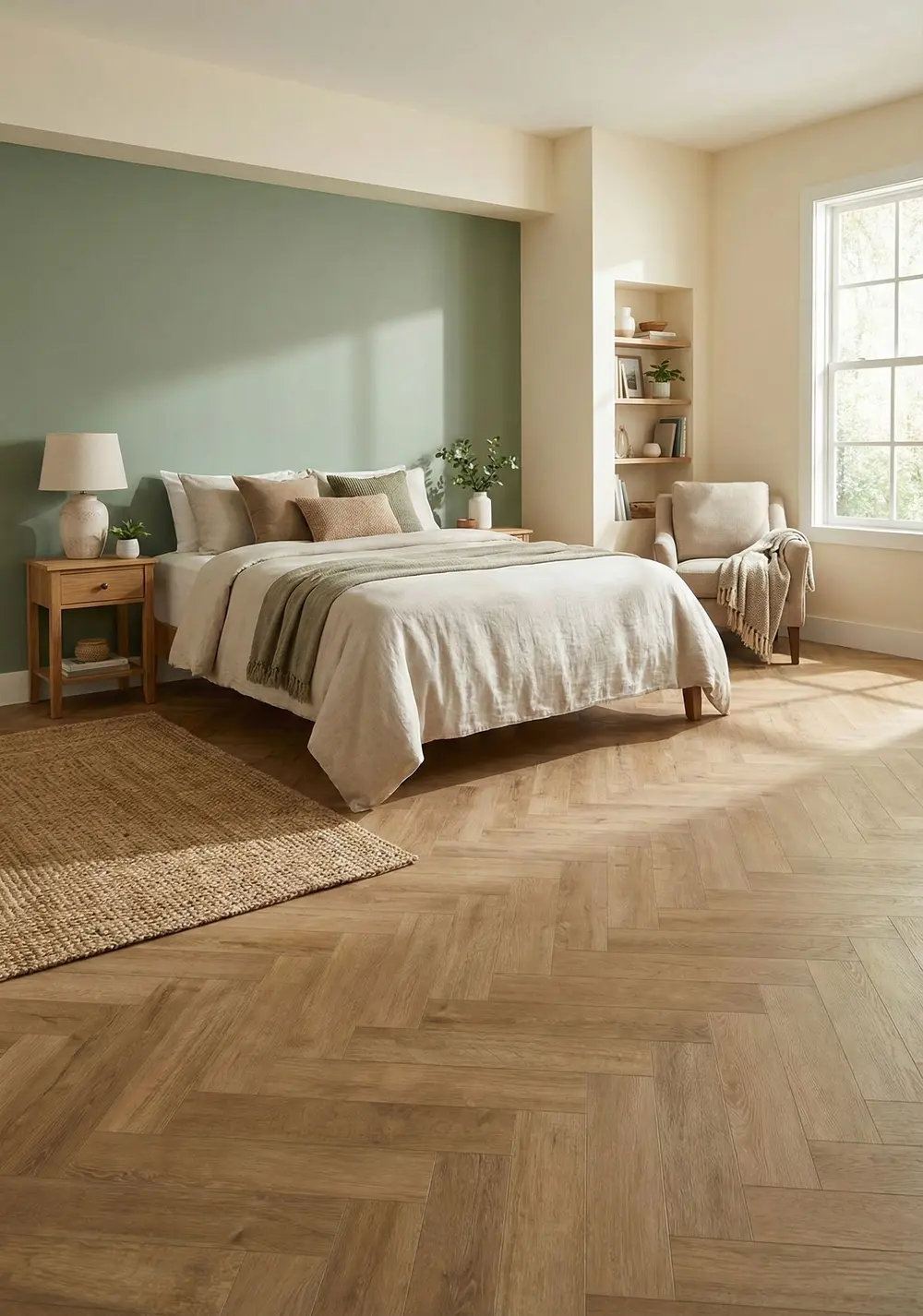 Flooring installation in Darien IL featuring hardwood and tile, showcasing intricate patterns and a bright, modern design.