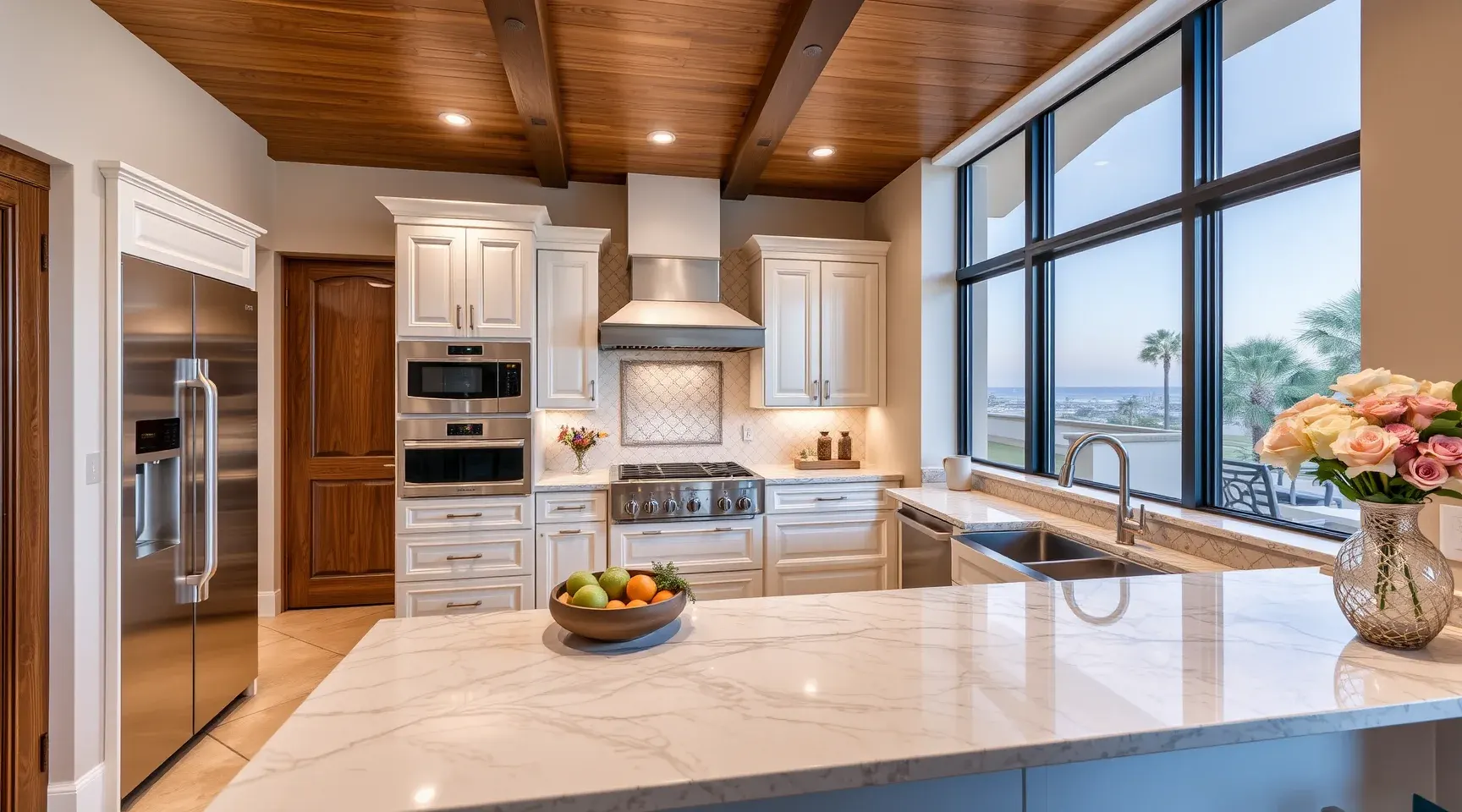 Remodeled Riviera Beach kitchen with white marble countertops, stainless steel appliances, wooden island, large sunlit windows, and modern decor