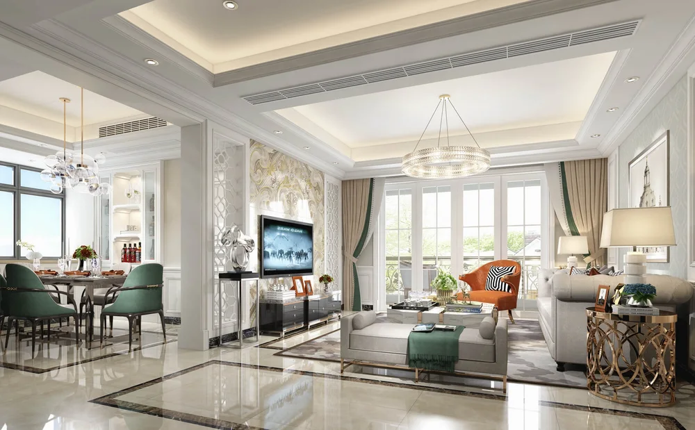 Spacious modern luxury living and dining area with opulent furniture, decorative walls, bright lighting, and large windows.