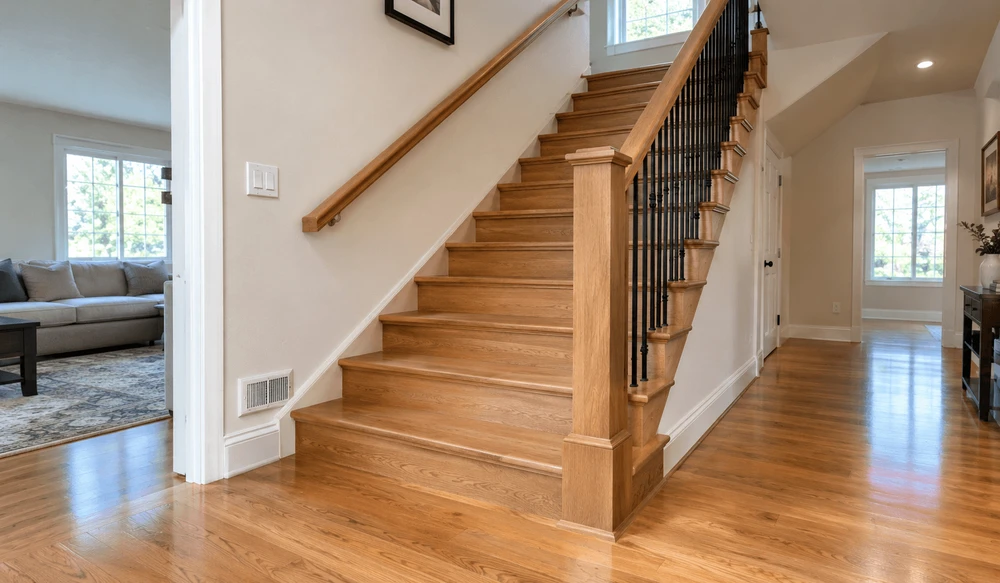 Luxury vinyl plank stair tread installation in Centreville VA showcasing rich textures and professional craftsmanship.