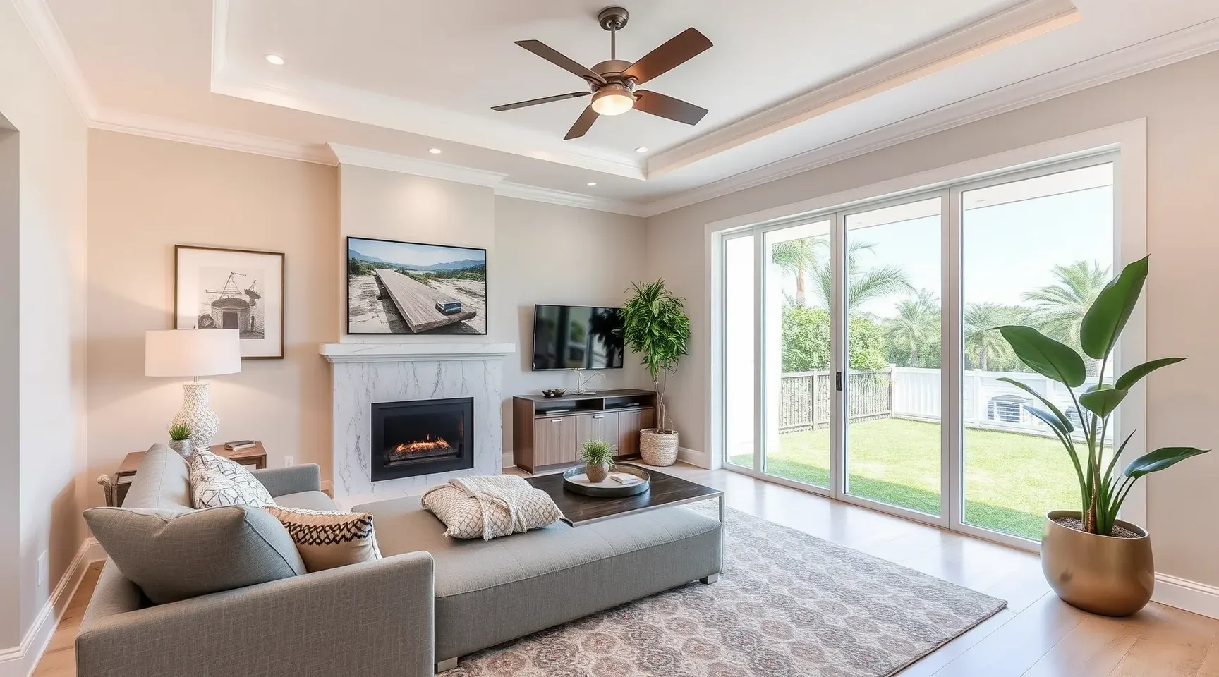 Renovated bathroom in Riviera Beach FL showcasing modern fixtures, freestanding tub, and spacious elegance with coastal decor.