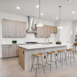 Completed modern Austin kitchen with sleek granite or quartz countertop, minimalist cabinetry, stainless steel appliances, and natural light highlighting craftsmanship
