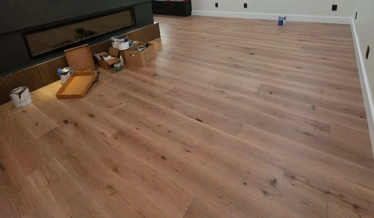 Flooring installation in a modern living room in Great Falls, VA.