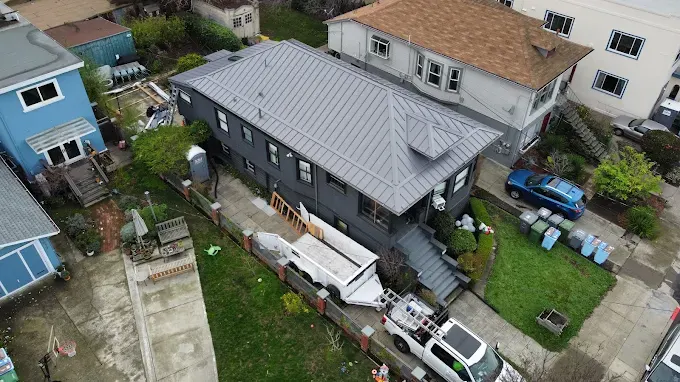 Repaired wind-damaged roof with flawless shingles in Modesto California showing professional craftsmanship and pristine condition
