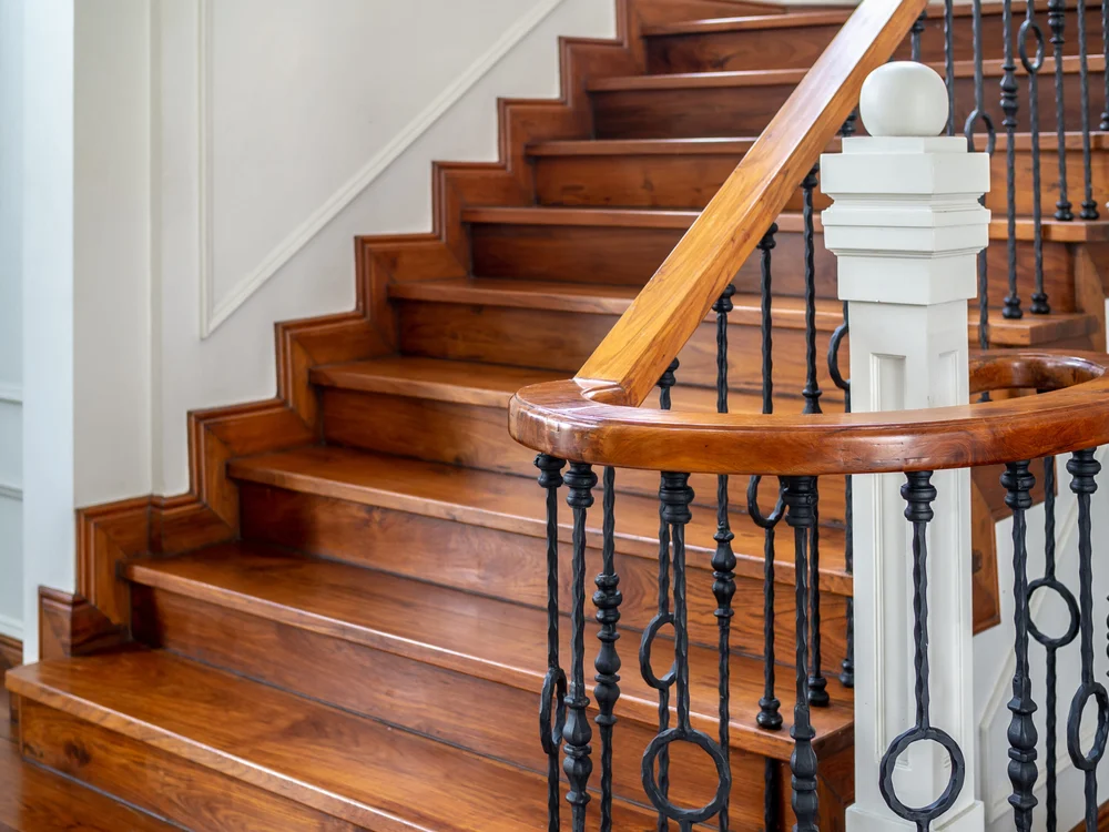 Completed LVP stair nose installation in Centreville VA featuring seamless transitions and rich wood grain textures.