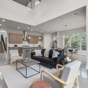 Modern kitchen remodel in Austin TX featuring sleek cabinetry, quartz countertops, and natural light enhancing the design.