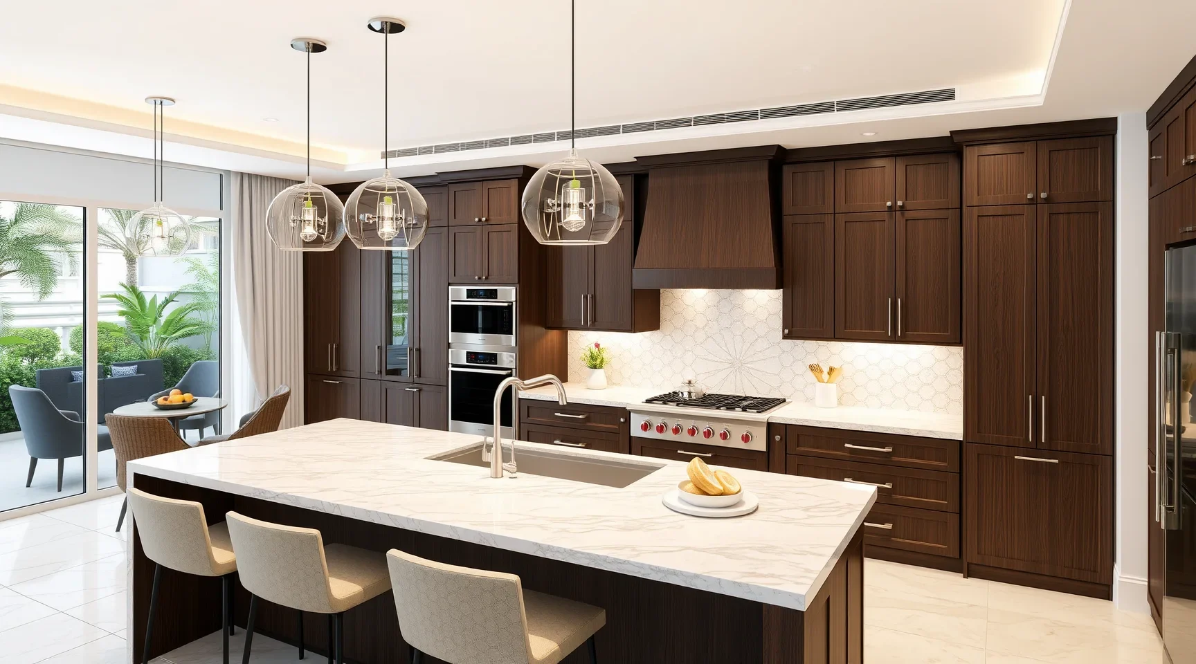 Modern Riviera Beach kitchen with wood cabinets stainless steel appliances granite island sunny views coastal scenery