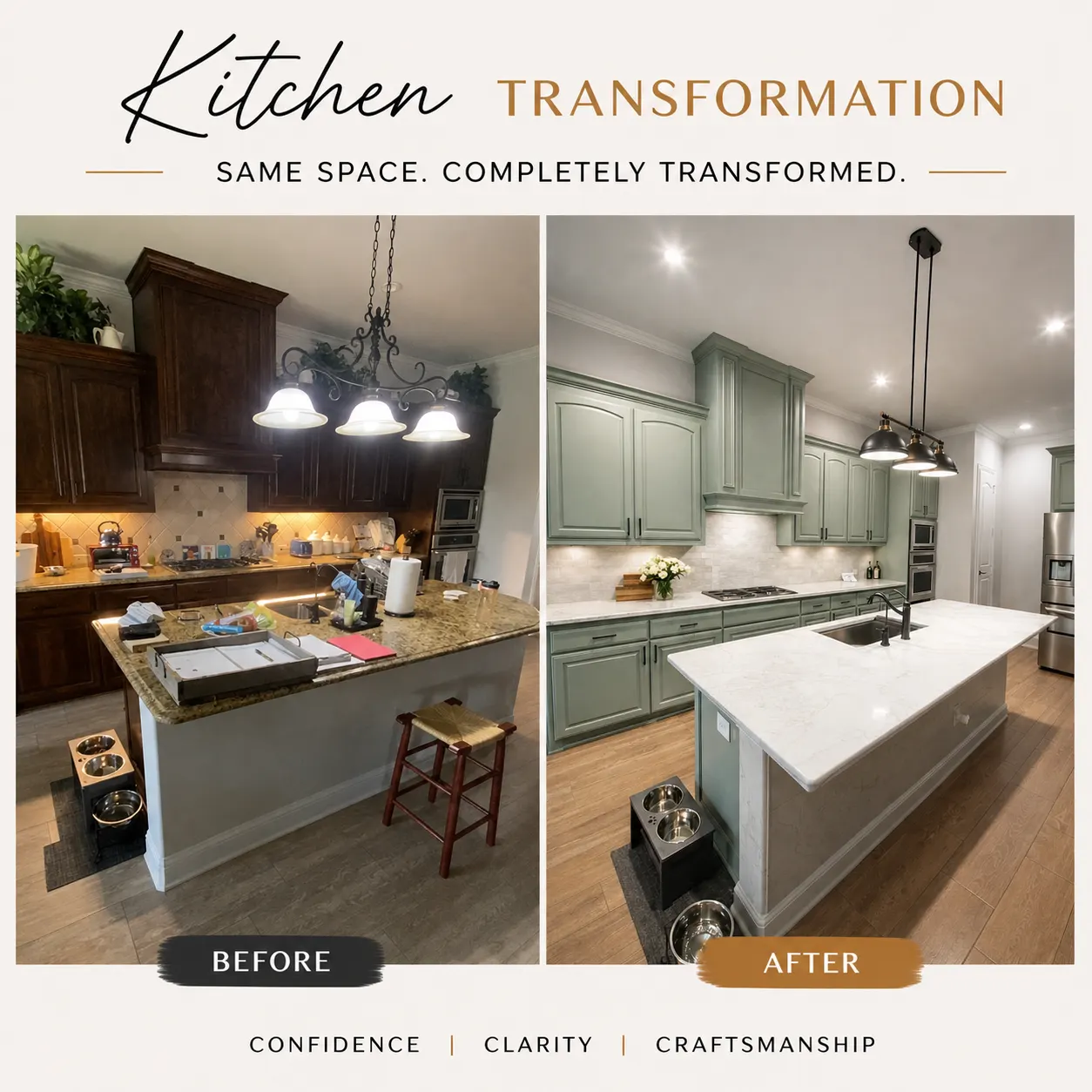 Modern kitchen remodel in Fort Worth with navy cabinetry, marble island, and natural light from large windows.