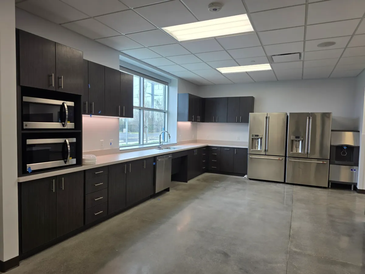 Beautifully refinished kitchen cabinets in warm tones reflect natural light, complemented by stylish decor and greenery.