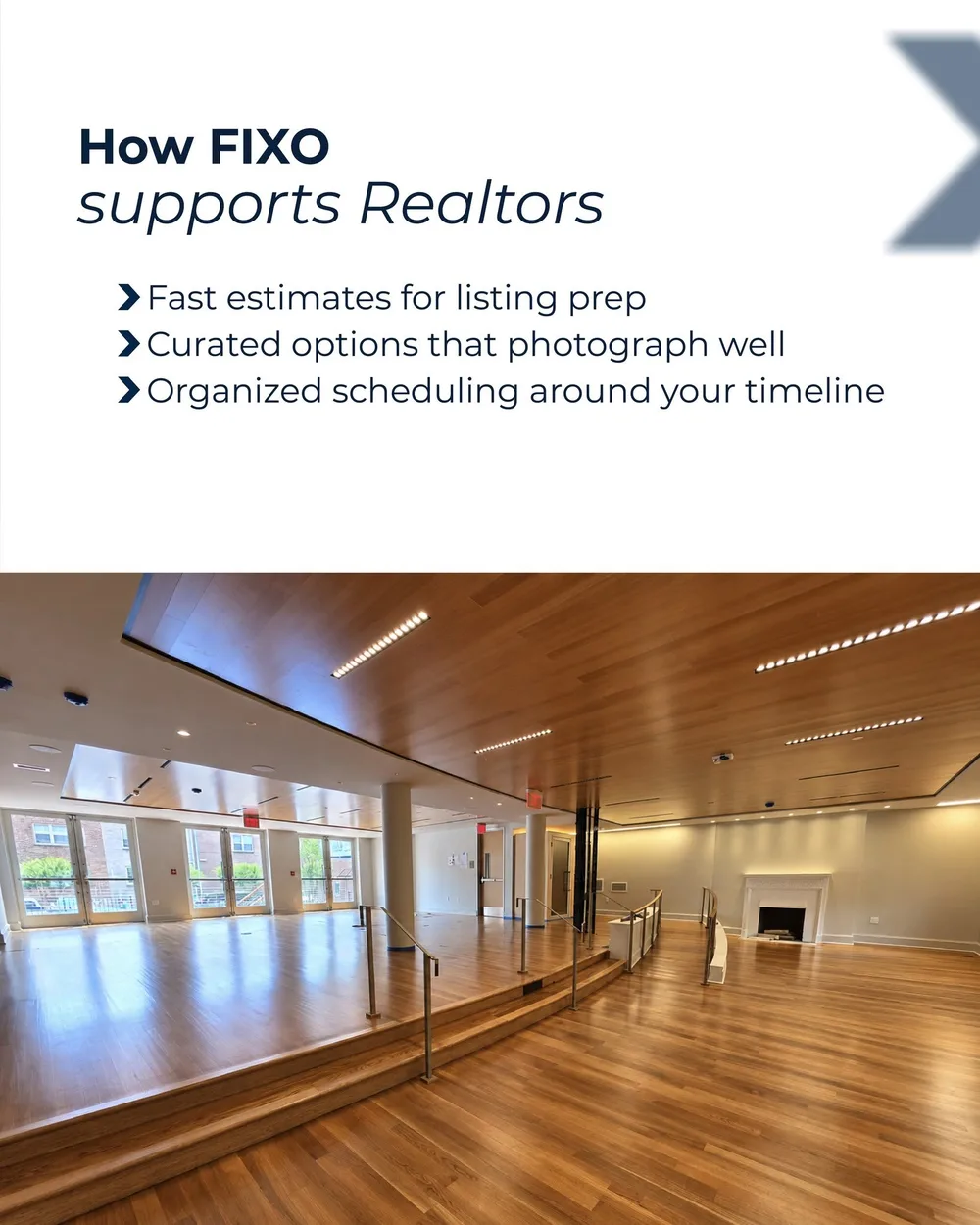 Text on FIXO's realtor support for listing prep, curated options, and scheduling, atop a large empty hall with wood floors.