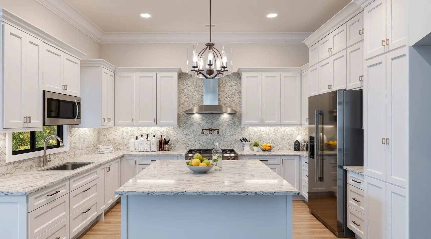 Remodeled Riviera Beach FL kitchen with modern matte cabinets stainless steel appliances quartz countertops mosaic backsplash hardwood floors natural light lush greenery waterfront view