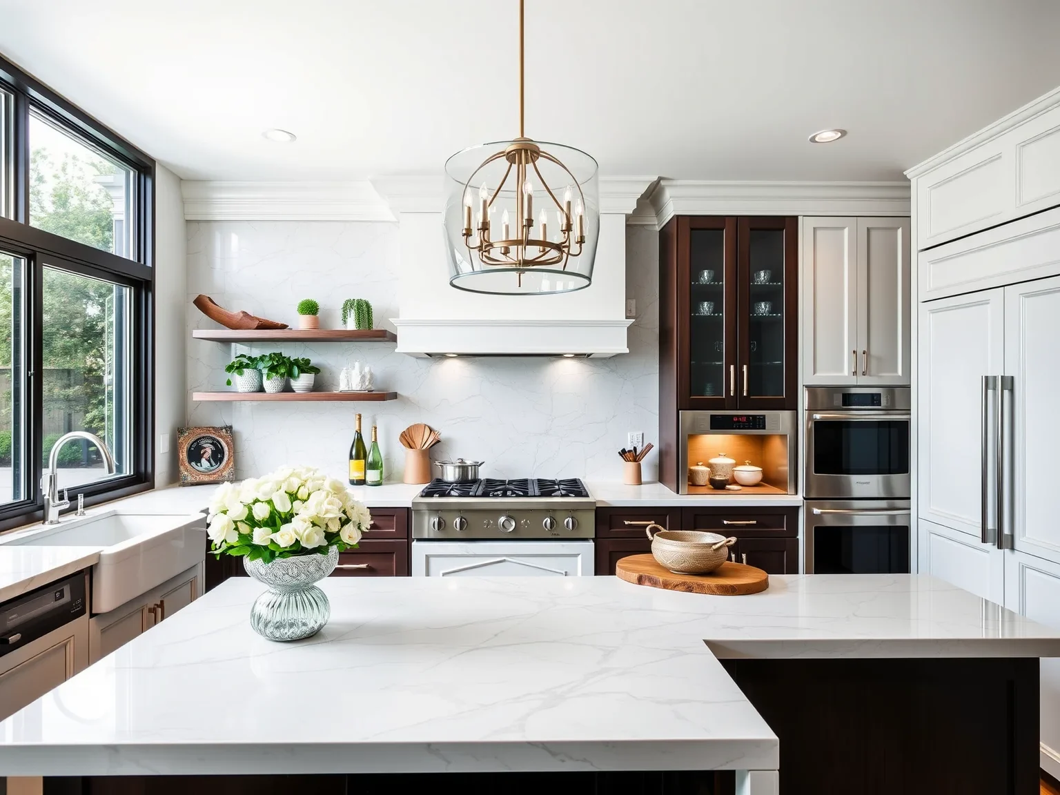 Completed modern kitchen in Fort Worth with white cabinets, granite island, subway backsplash, hardwood floors, and natural light