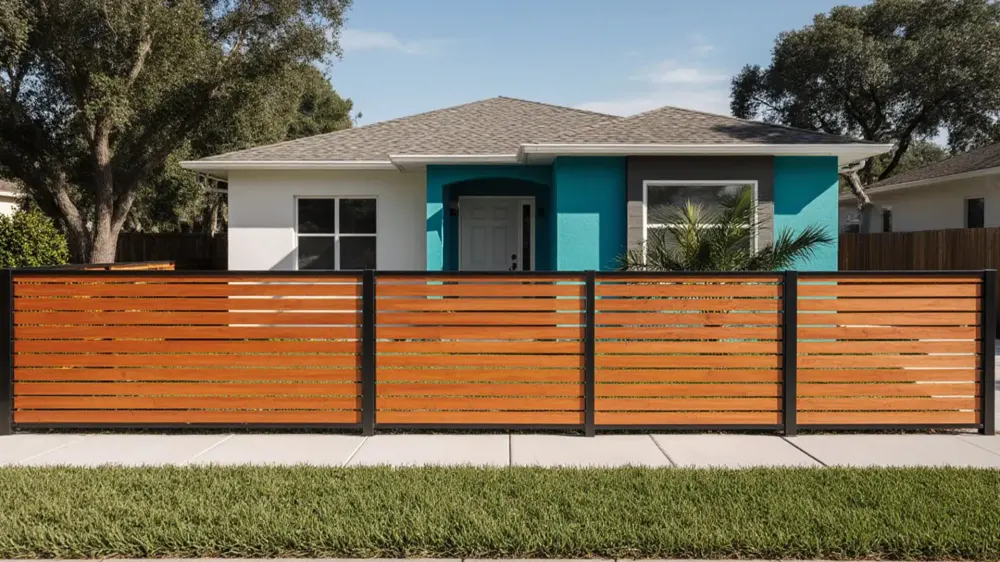 A black metal sliding gate and fence secure a modern residential property with a blue facade and shingle gable.