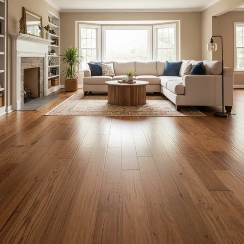 Spacious modern living room in Darien IL featuring rich hardwood flooring, elegant furnishings, and natural light.