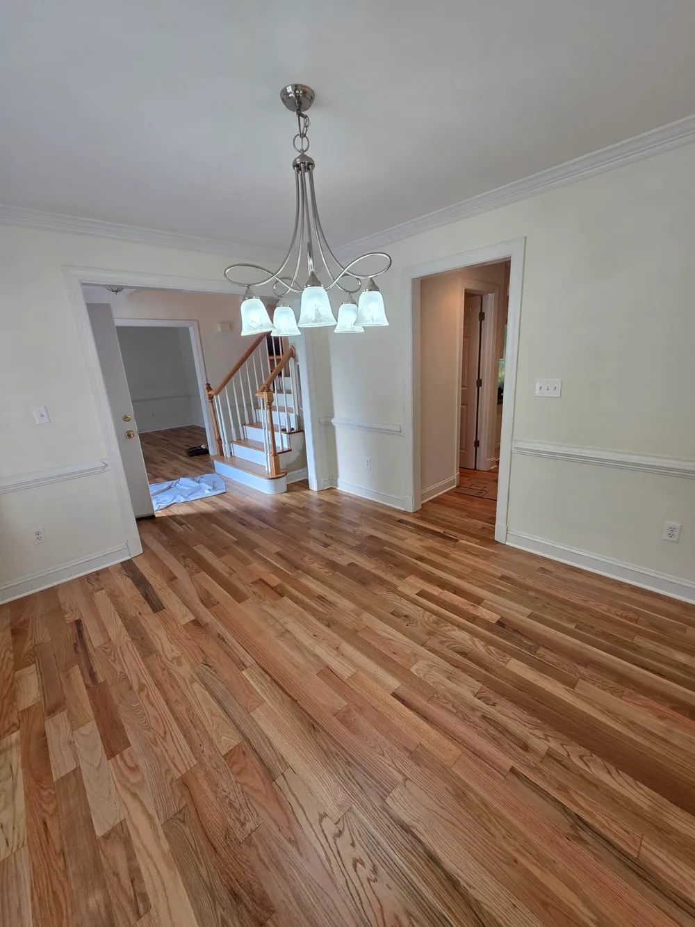 Completed LVP stair nose installation in Centreville VA showcasing seamless transitions and elegant detailing.