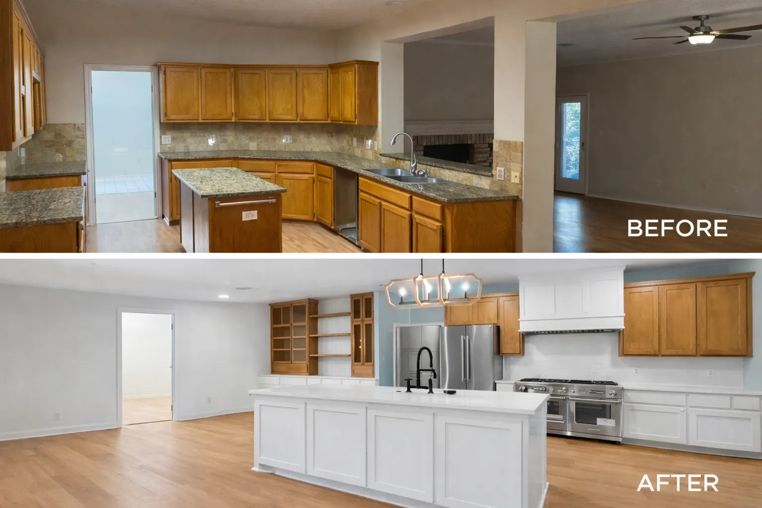 Modern open-concept living space in Barton Creek TX featuring sleek hardwood floors, stainless steel appliances, and a garden view.
