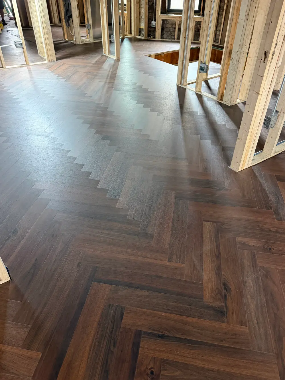 Flooring installation in a modern living room in Burr Ridge, IL.