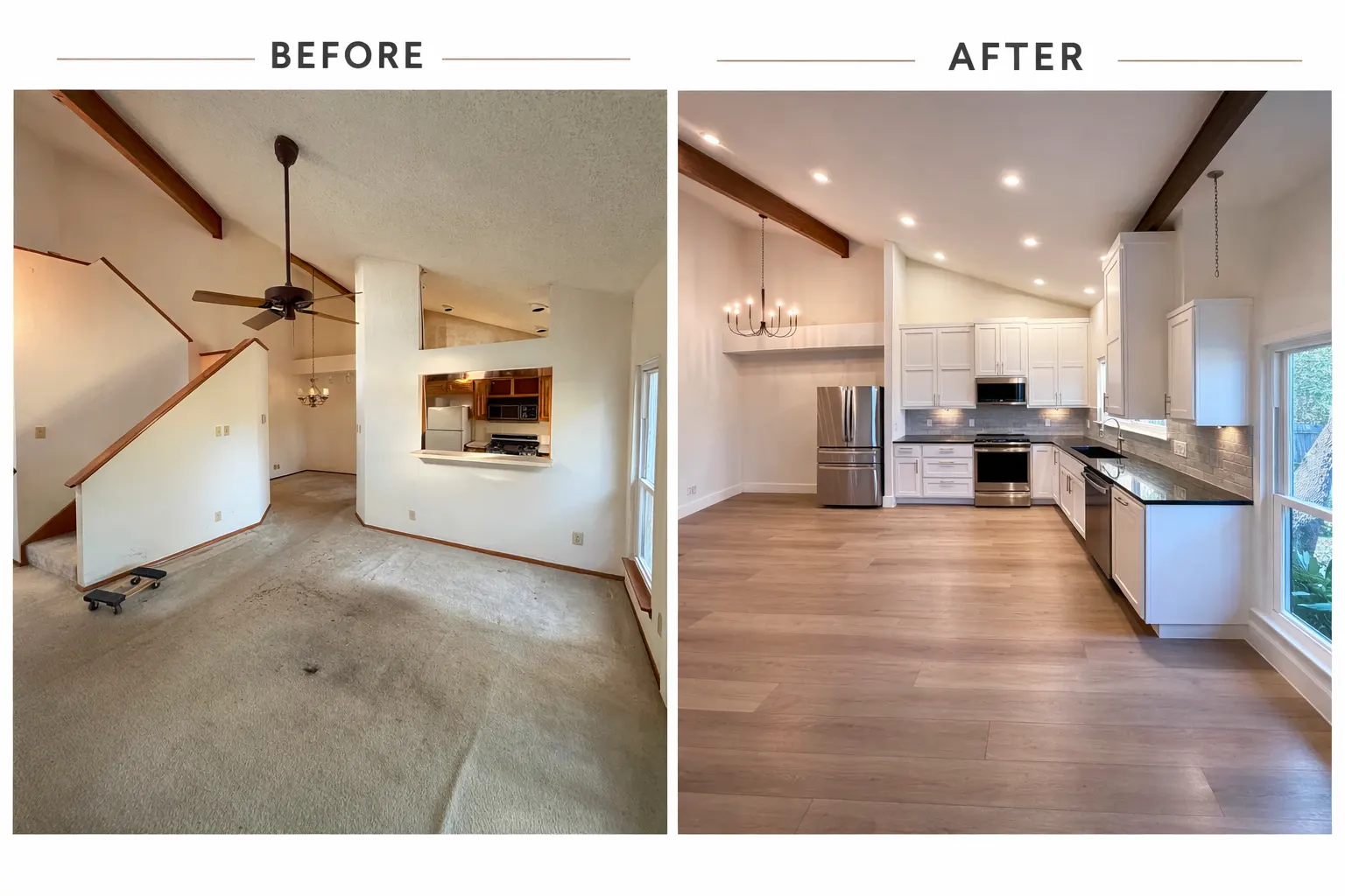 Completed home remodel in Manchaca TX featuring a warm living room, modern decor, elegant wooden flooring, and a sleek kitchen.