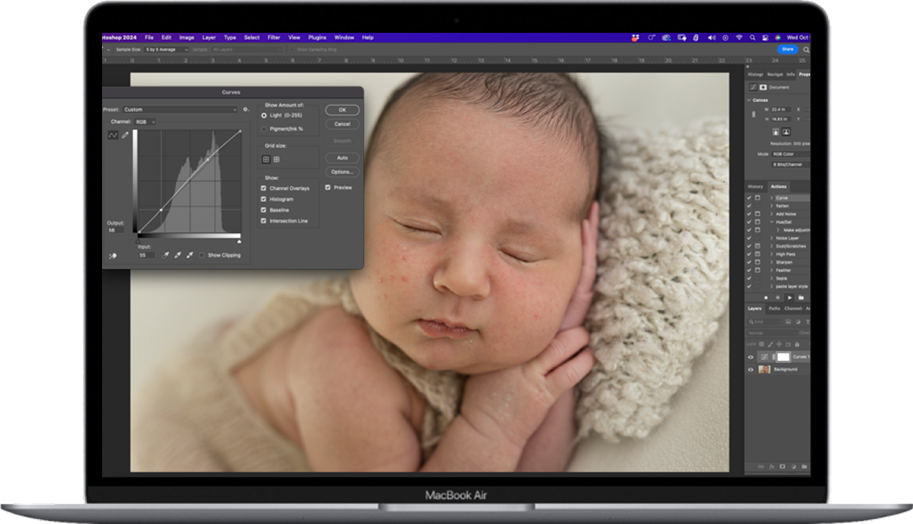 Newborn photo editing practice images, Photoshop actions, Evoto presets, and reference guides included with Academy membership