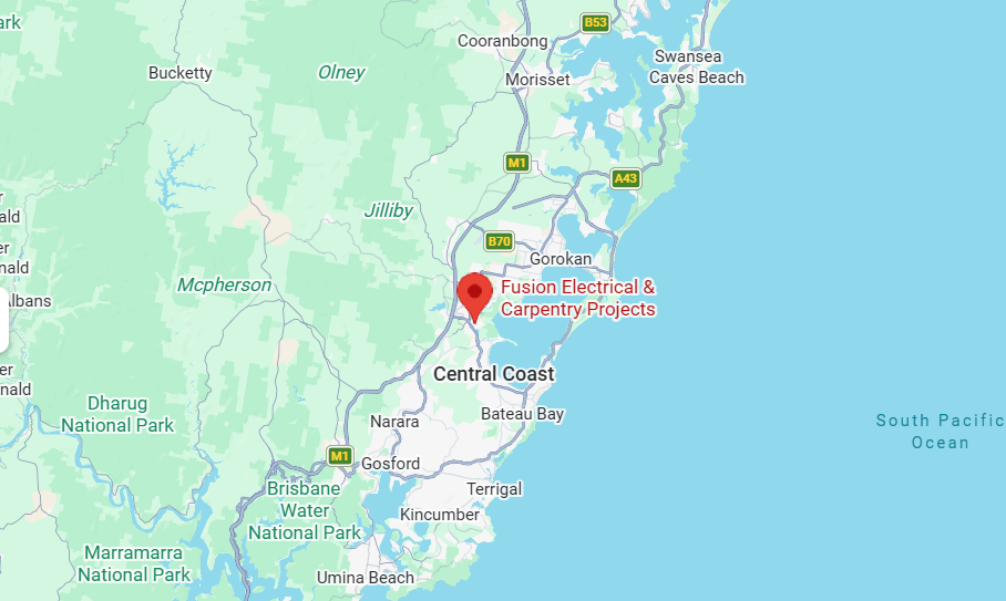 Map of Fusion Projects service area — 30km radius from Tuggerah, Central Coast NSW