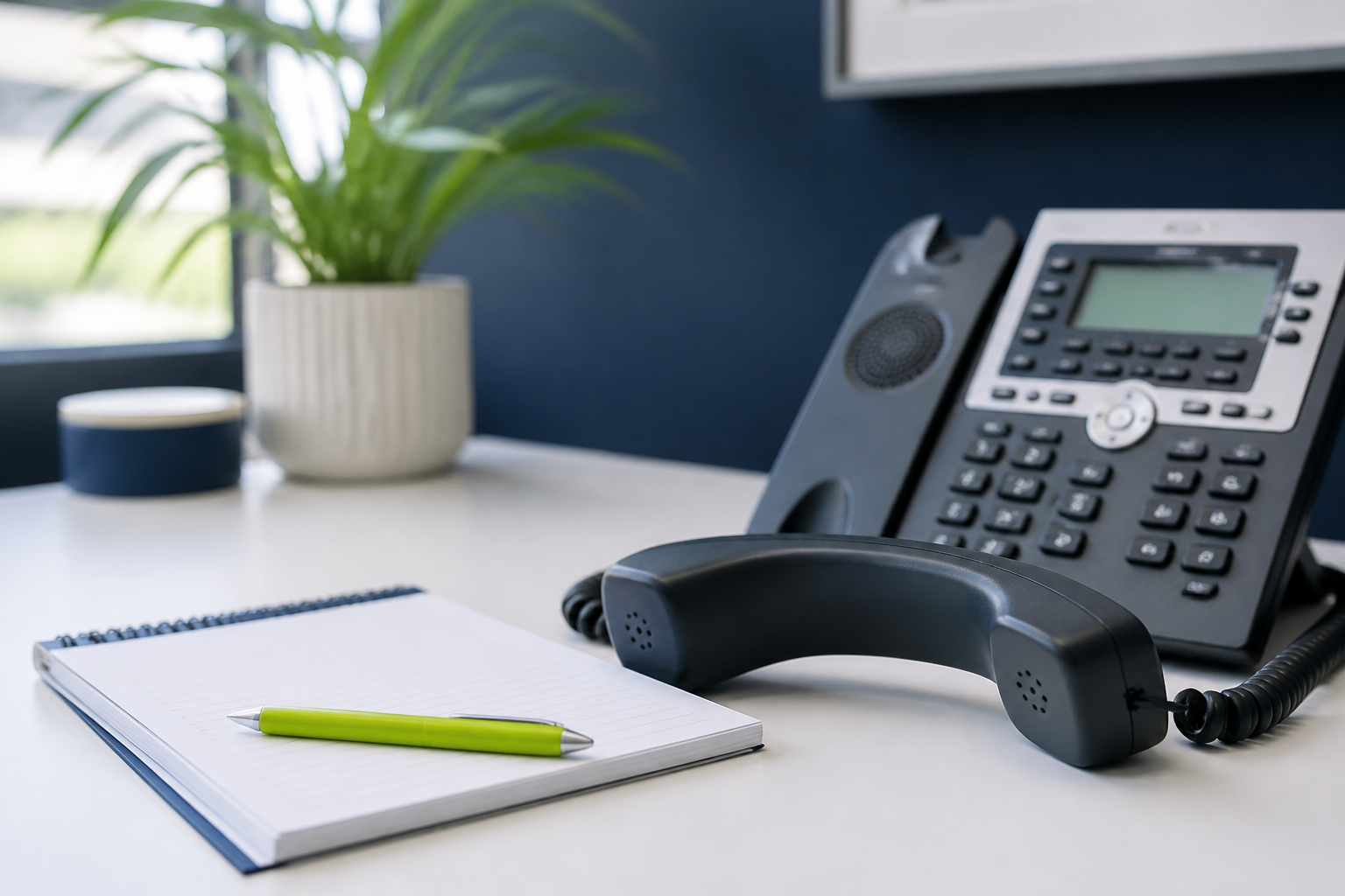 Desk phone and notepad ready for a consultation