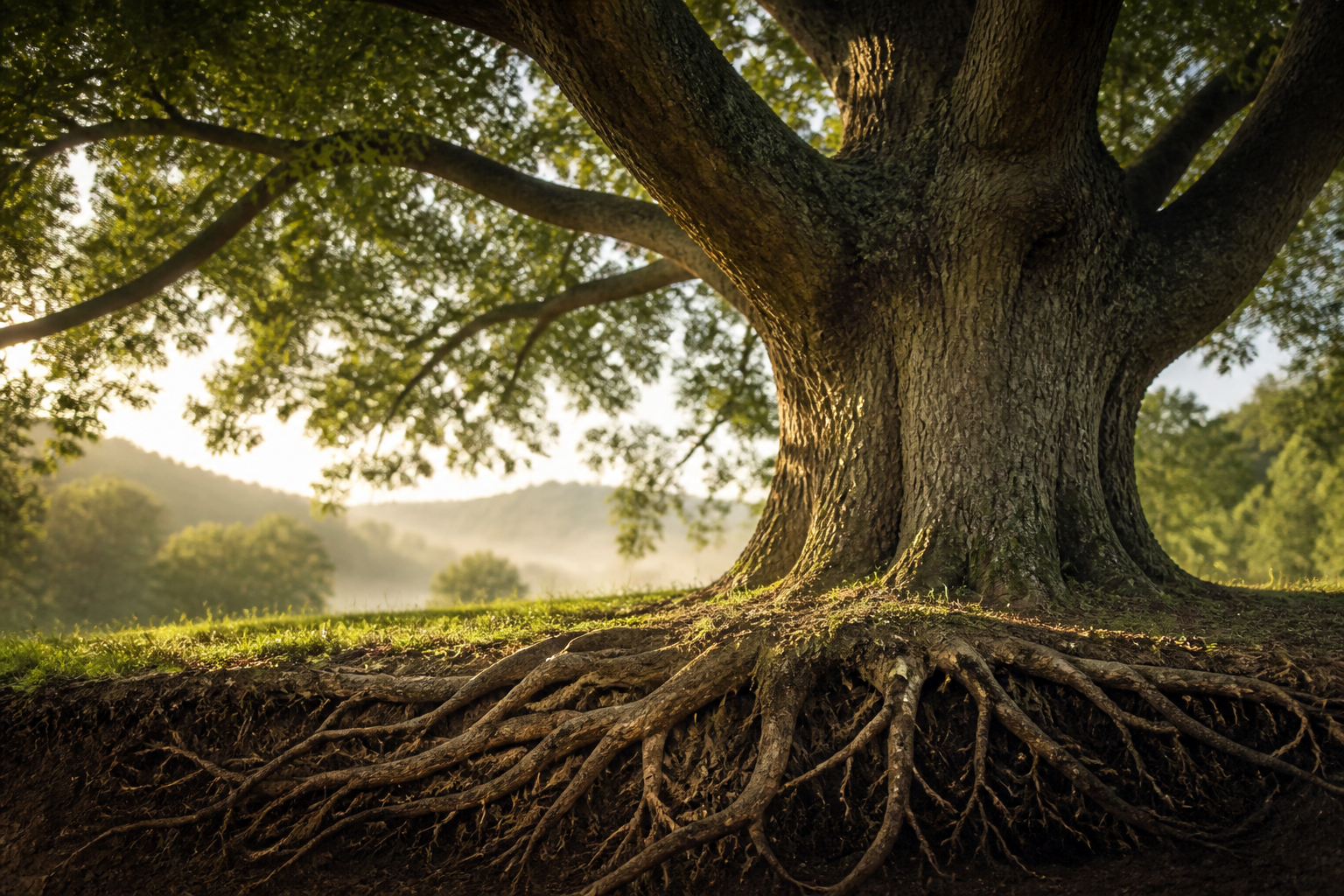 Deep-rooted oak tree at dawn