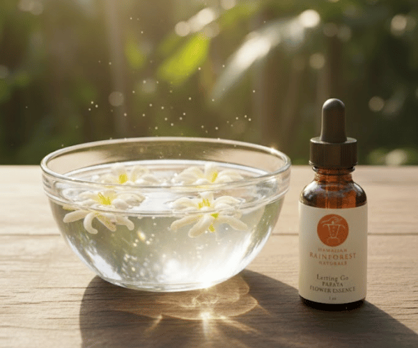 Lehua blossom infusing in sunlight, representing vibrational energy transfer in flower essence creation.