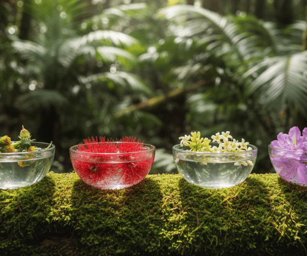 Lehua blossom infusing in sunlight, representing vibrational energy transfer in flower essence creation.